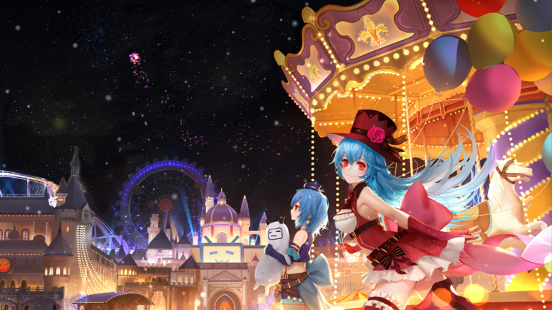 anime, comic art, anime girls, balloon, hat, blue hair, red eyes, lights, bilibili
