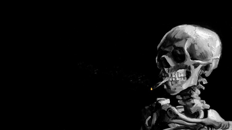 traditional art, Traditional Artwork, painting, dark humor, skull, skeleton, dark, black, black background, smoking, Tobacco, humor, dark background, artwork