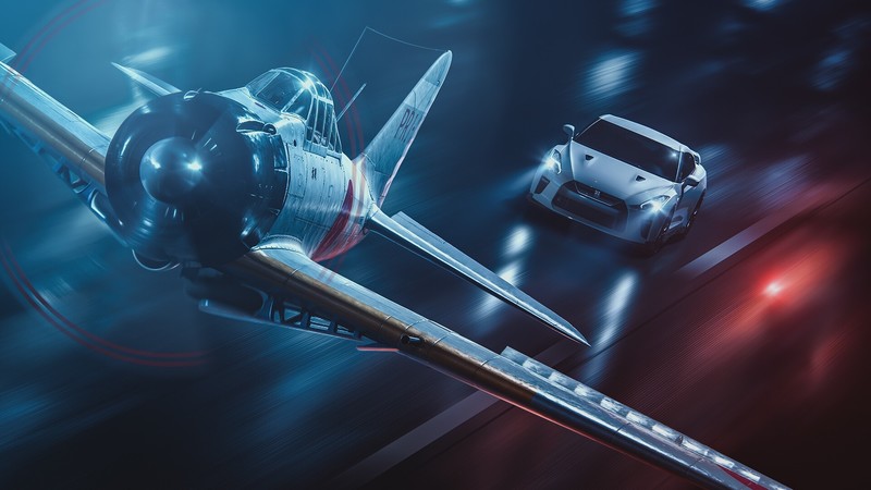 artwork, car, aircraft, vehicle, Nissan, Nissan GT-R, Mitsubishi A6M2 Zero, cyan, blue
