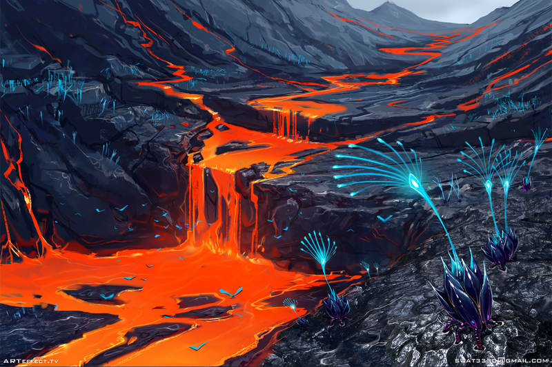 lava, rocks, flowers, alien world, birds, artwork, digital art