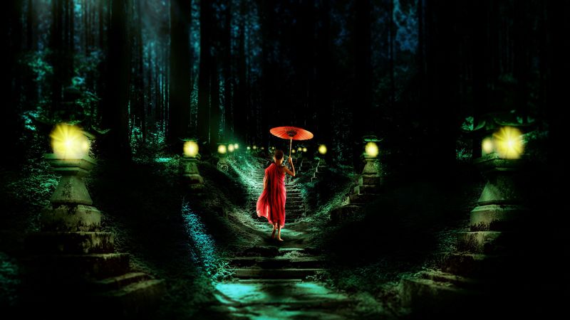 boy, monk, stairs, night, child, umbrella, buddhism, 4k