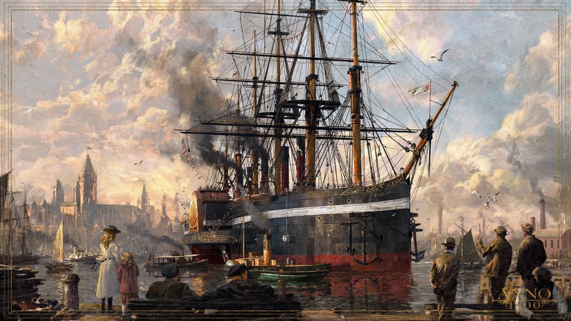 Anno 1800, 1800s, digital art, concept art, ship, harbor, steam ship, pier, London, artwork, Ubisoft