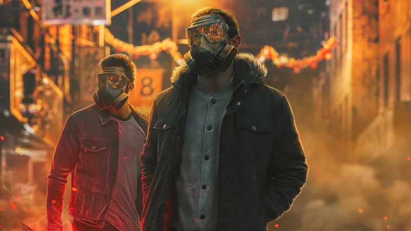 digital art, men, gas masks, fantasy art, people
