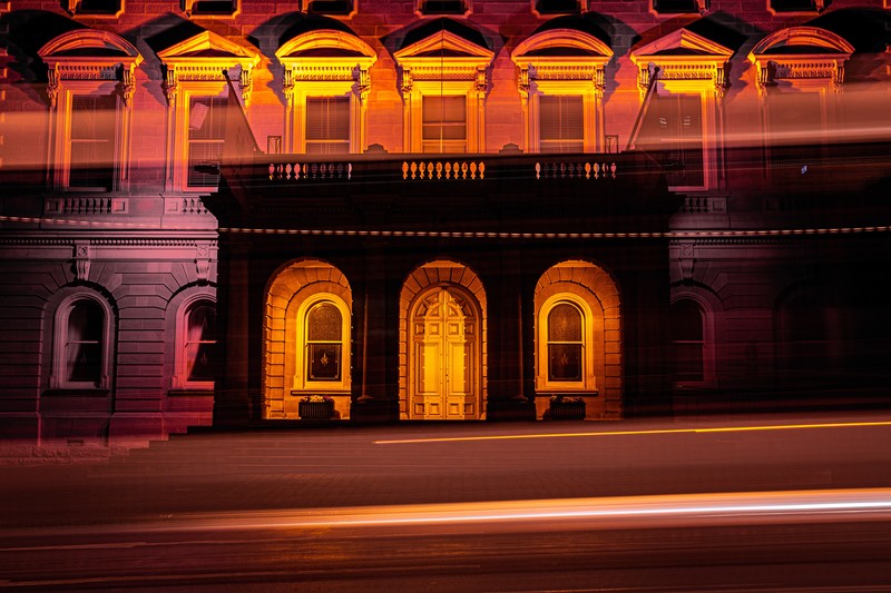 long exposure, fireworks, light painting, architecture, old building, Tasmania, light trails, night, orange