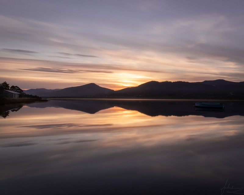long exposure, landscape, sunrise, sunset, boat, Tasmania, reflection