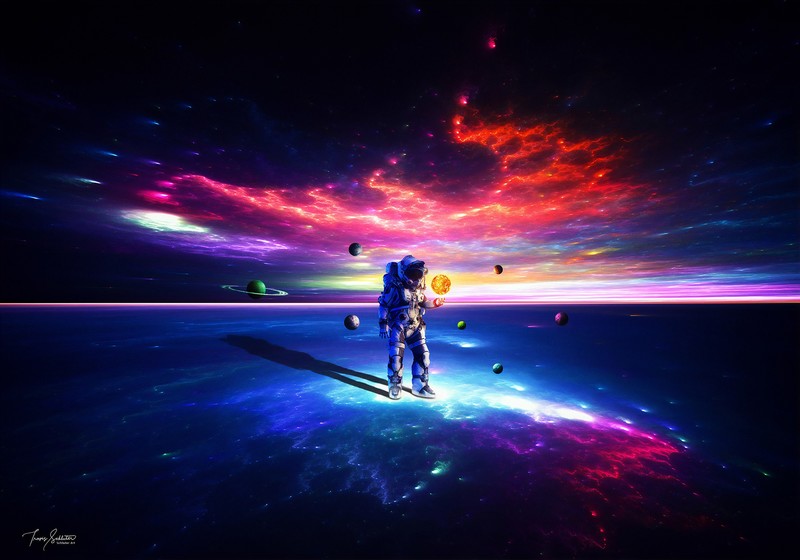 digital art, astronaut, space, planet, fantasy art, science fiction, colorful