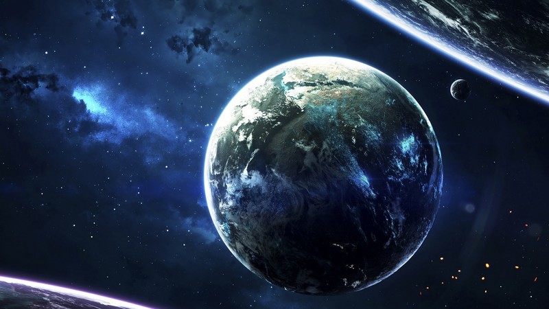 planet, space, lights, stars, blue