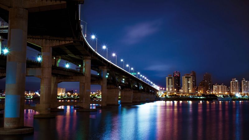 night city, bridge, city lights, river, light, 4k