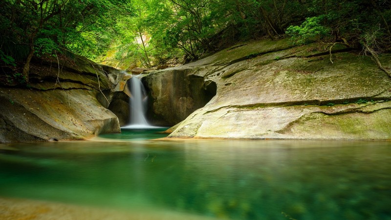 waterfall, cliff, stone, water, trees, forest, green