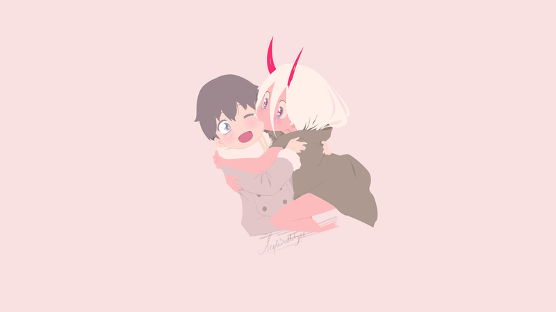 Darling in the FranXX, Zero Two (Darling in the FranXX), Code:016 (Hiro), Code:002, anime girls, anime boys, simple background, red skin, horns
