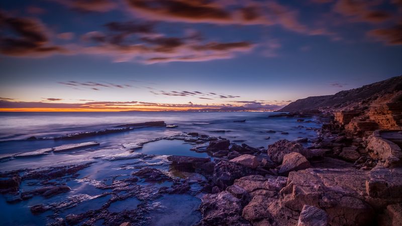 sea, coast, stones, sunset, spain, 4k