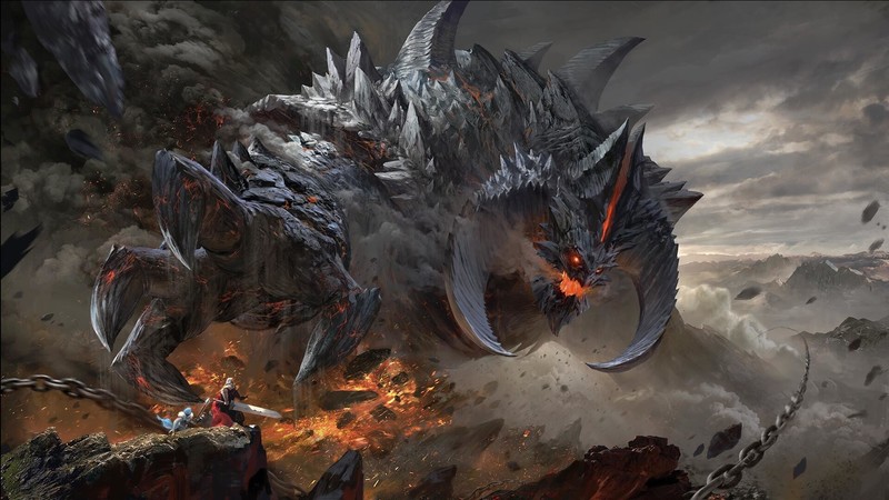 digital, digital art, artwork, fantasy art, demon, creature, battle, drawing, painting, digital painting, environment, mountains, rocks, clouds, evil, dusk, dark, fire, burning, magic