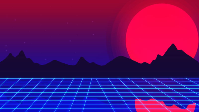 sunset, mountains, sun rays, neon, stars, water