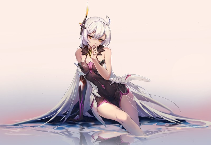 anime, anime girls, digital art, artwork, portrait, long hair, white hair, simple background, bare shoulders, yellow eyes, water, dress, Kiana Kaslana (Herrscher of the void)