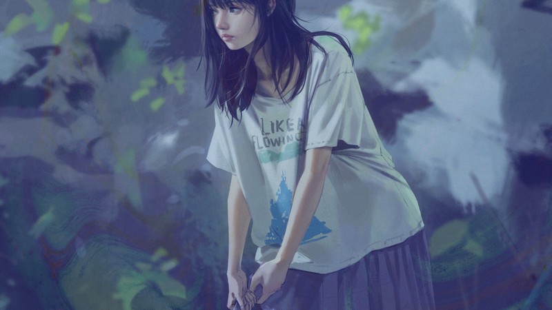 nature, flowers, women, shirt, anime, long hair, black hair, Rui Li