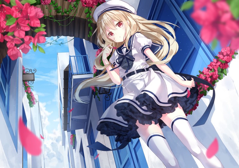 anime, comic art, anime girls, blonde, red eyes, long hair, flowers, dress, hat