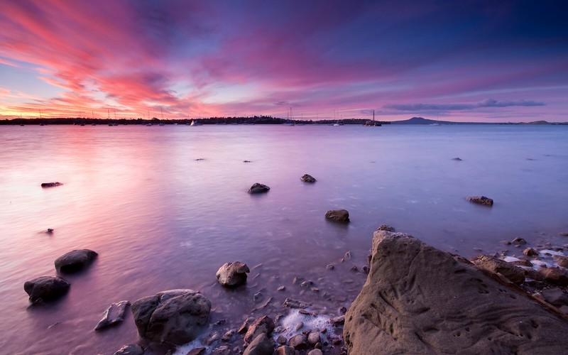 bay, dawn, sky, water, stones