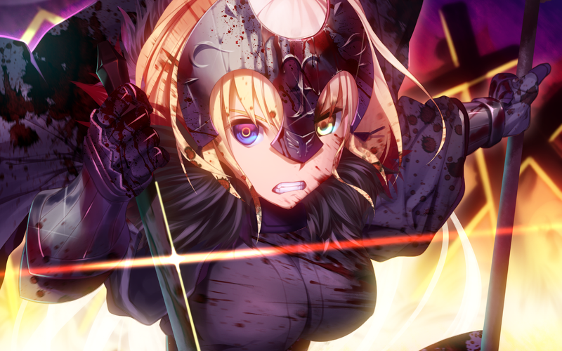 Jeanne (Alter) (Fate/Grand Order), Avenger (Fate/Grand Order), Fate Series, Fate/Grand Order, short hair, yellow eyes, blonde, blue eyes, anime girls, blood, sword