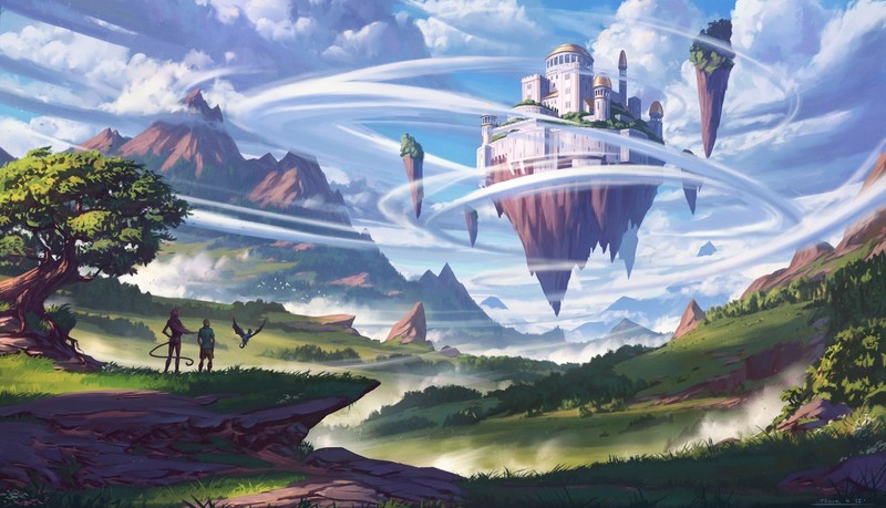 landscape, artwork, fantasy art, floating island, castle, mountains, clouds