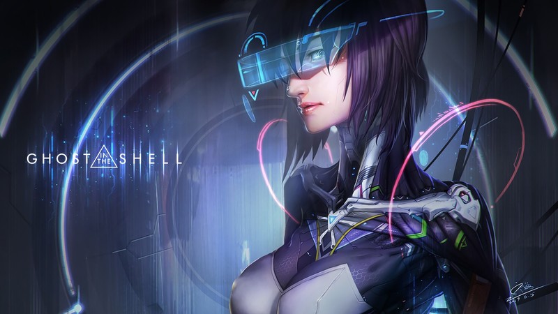 Ghost in the Shell, anime, fan art, cyberpunk, women, digital art, Kusanagi Motoko, cyborg, purple hair