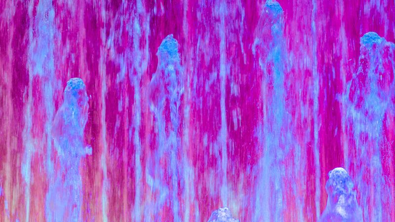 fountain, jets, water, lights, pink, 4k