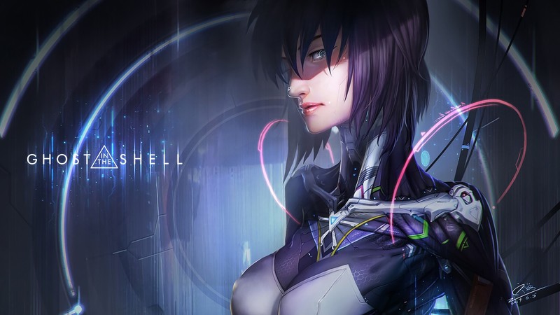 Ghost in the Shell, anime, fan art, cyberpunk, women, digital art, Kusanagi Motoko, cyborg, purple hair