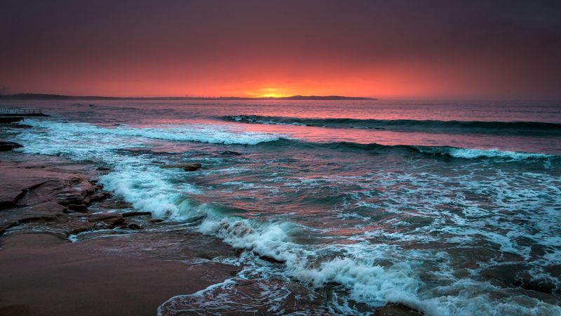 sea, horizon, sunset, waves, foam, surf, beach, 4k