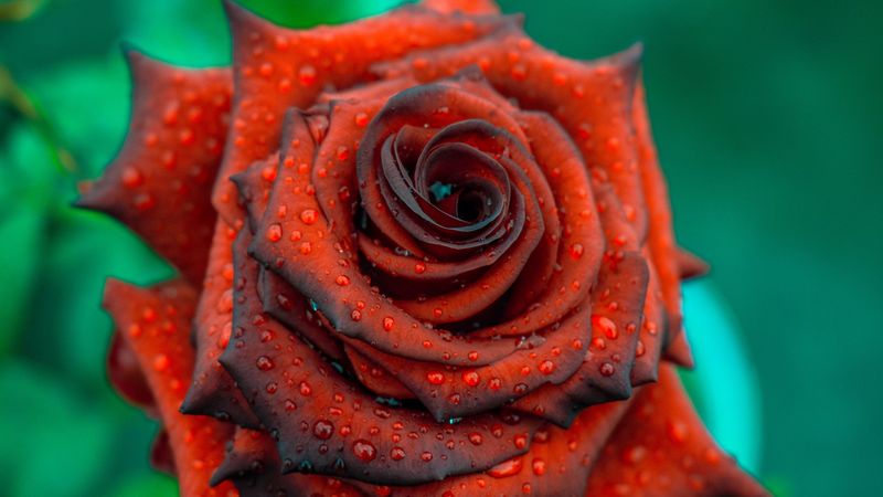 rose, drops, red, bud, petals, 4k