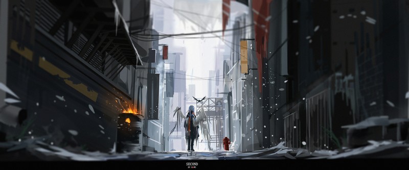 artwork, digital art, drawing, anime girls, wings, snow, city