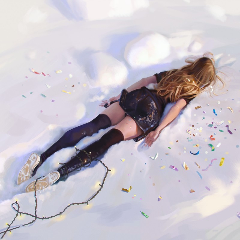 artwork, digital art, drawing, snow, illustration, lying down, women, brunette