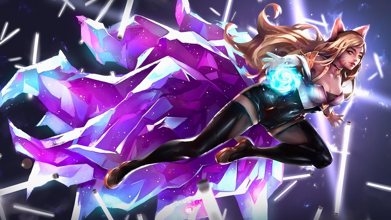 Ahri, League of Legends, PC gaming, animal ears, stockings, colorful, yellow eyes, fantasy girl