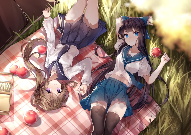 anime, anime girls, digital art, artwork, portrait, long hair, black hair, brunette, blue eyes, food, anime girls eating, smiling, school uniform, skirt, tie