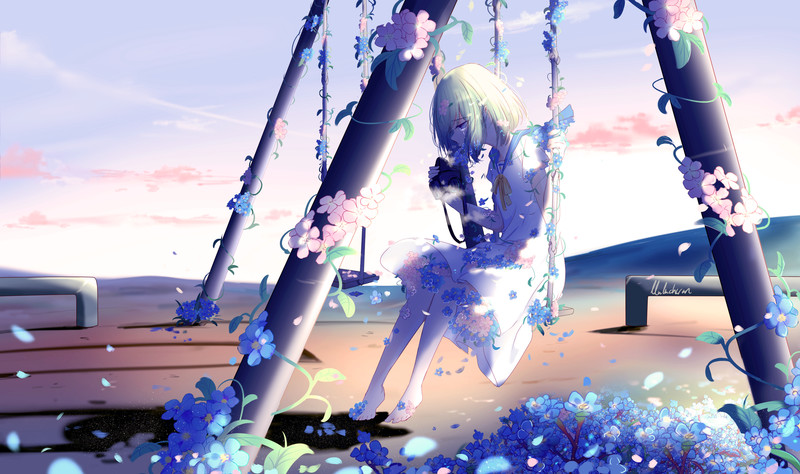 comic art, animation, anime girls, swings, flowers, plants, anime, barefoot, outdoors, sitting