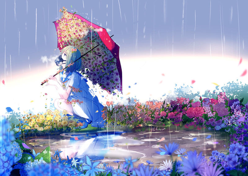comic art, animation, anime girls, rain, mask, umbrella, flowers, plants, anime