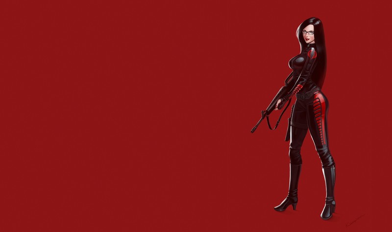 women, artwork, weapon, red background, dark hair, boots, Baroness, G.I. Joe, girls with guns, red