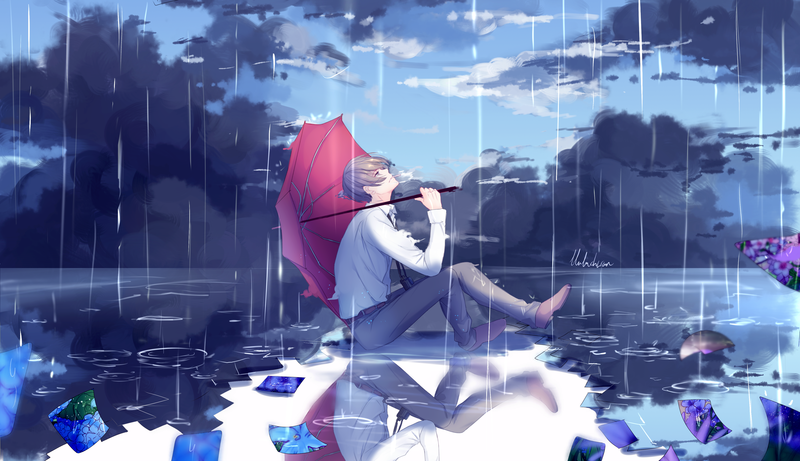 comic art, animation, anime boys, umbrella, rain, anime