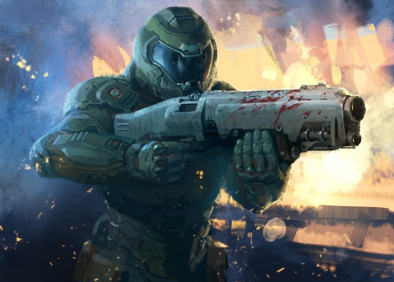 Doom (game), Doom 4, Doom (2016), Doom slayer, fantasy armor, fantasy weapon, digital art, video game art, first-person shooter