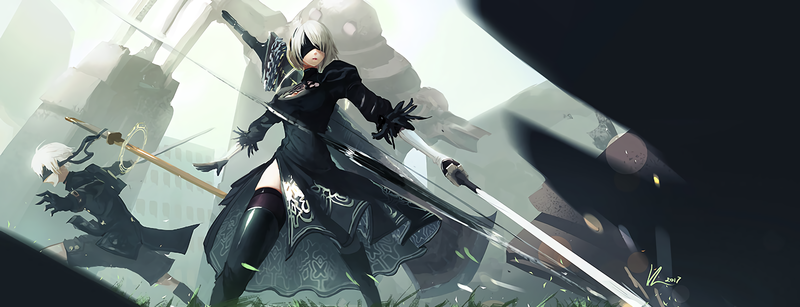 2B (Nier: Automata), Yorha unit no.2 type b, Nier: Automata, NieR, video games, video game characters, women, androids, artwork, digital art, fan art, sword, katana, anime girls, blindfold, tights