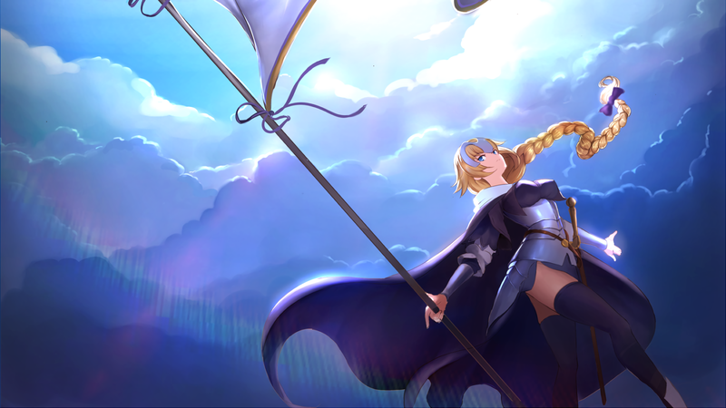 blonde, long hair, Jeanne dArc (Fate), Ruler (Fate/Apocrypha), Fate Series, Fate/Apocrypha, Fate/Grand Order, Ruler (Fate/Grand Order), blue eyes, banner, sword, clouds, sky, warrior girls