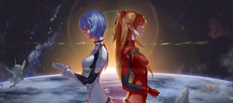 anime, anime girls, Neon Genesis Evangelion, Asuka Langley Shikinami, Asuka Langley Soryu, Ayanami Rei, space, stars