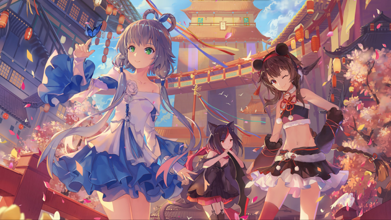 comic art, animation, anime girls, anime, green eyes, dress, fantasy art, fantasy city, brunette, colorful, Luo Tianyi
