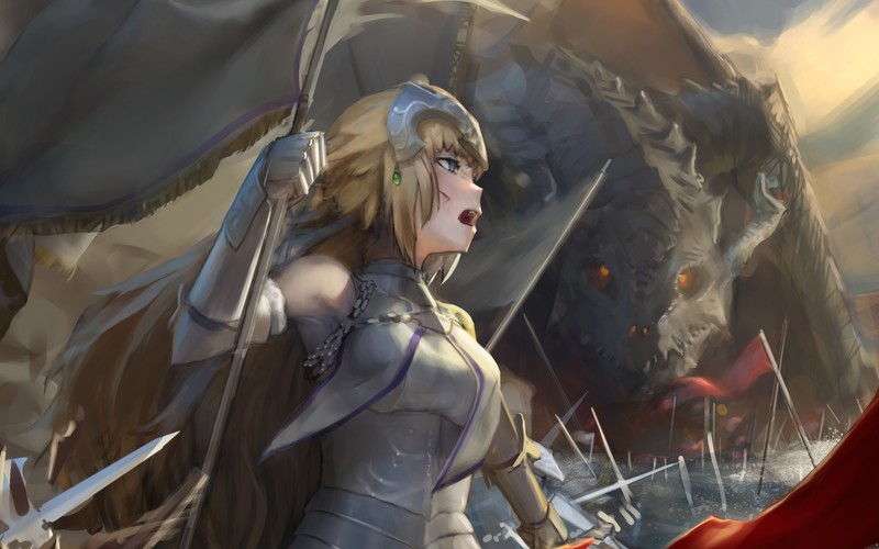 blonde, long hair, Jeanne dArc (Fate), Ruler (Fate/Apocrypha), Fate Series, Fate/Apocrypha, Fate/Grand Order, Ruler (Fate/Grand Order), blue eyes, dragon, banner, wounds, warrior girls