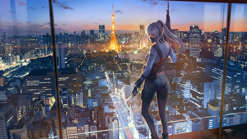 Girls Frontline, city, weapon, machine gun, gun, artwork, women, mask, night, city lights