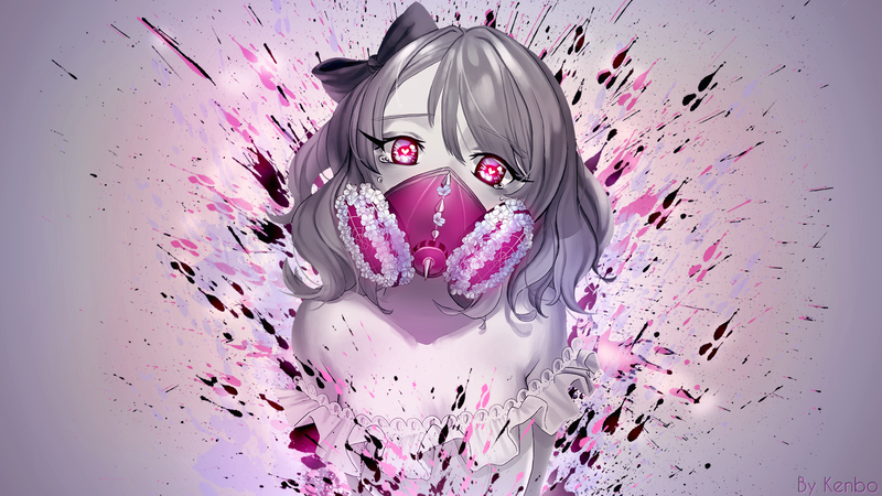 anime, anime girls, gas masks, splatter, paint splatter, pink, women, pink eyes