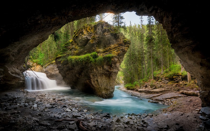 water, outdoors, nature, trees, rock, cave