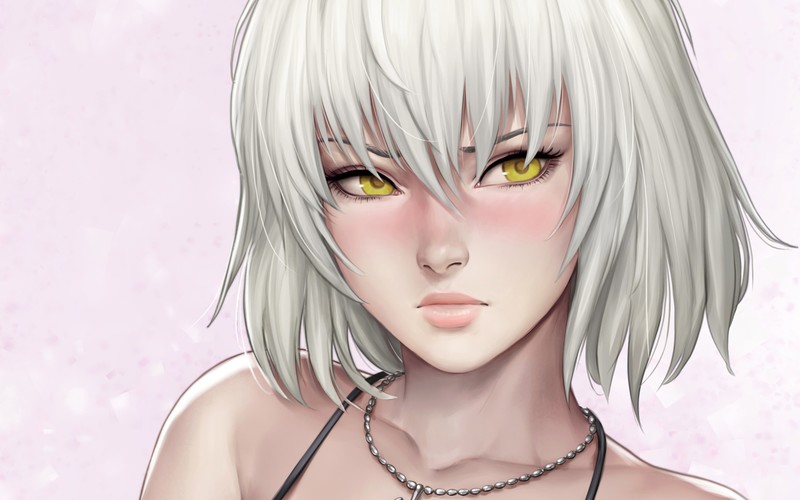Jeanne (Alter) (Fate/Grand Order), Avenger (Fate/Grand Order), Fate Series, anime girls, yellow eyes, short hair, white hair, necklace, blush, Fate/Grand Order