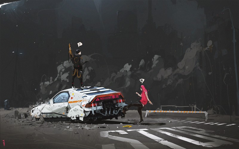 cyberpunk, environment, car, science fiction, smoke, weapon, gun, street, crash