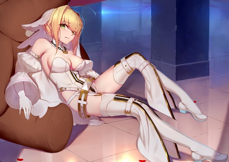 anime, anime girls, digital art, portrait, bare shoulders, blonde, Saber Bride, Fate/Grand Order, FGO, yellow eyes, green eyes, dress, white dress, gloves, white gloves, room, Smile