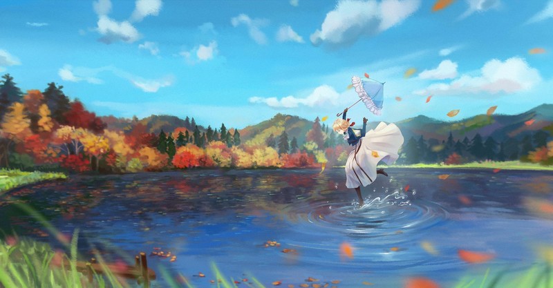 anime, anime girls, umbrella, nature, sky, fall, Violet Evergarden