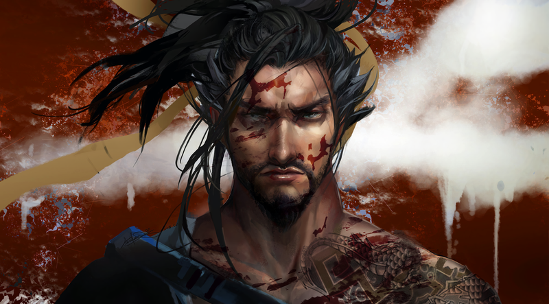 Hanzo Shimada, Hanzo (Overwatch), Overwatch, video games, video game characters, artwork, digital art, portrait, blood, tattoo, men